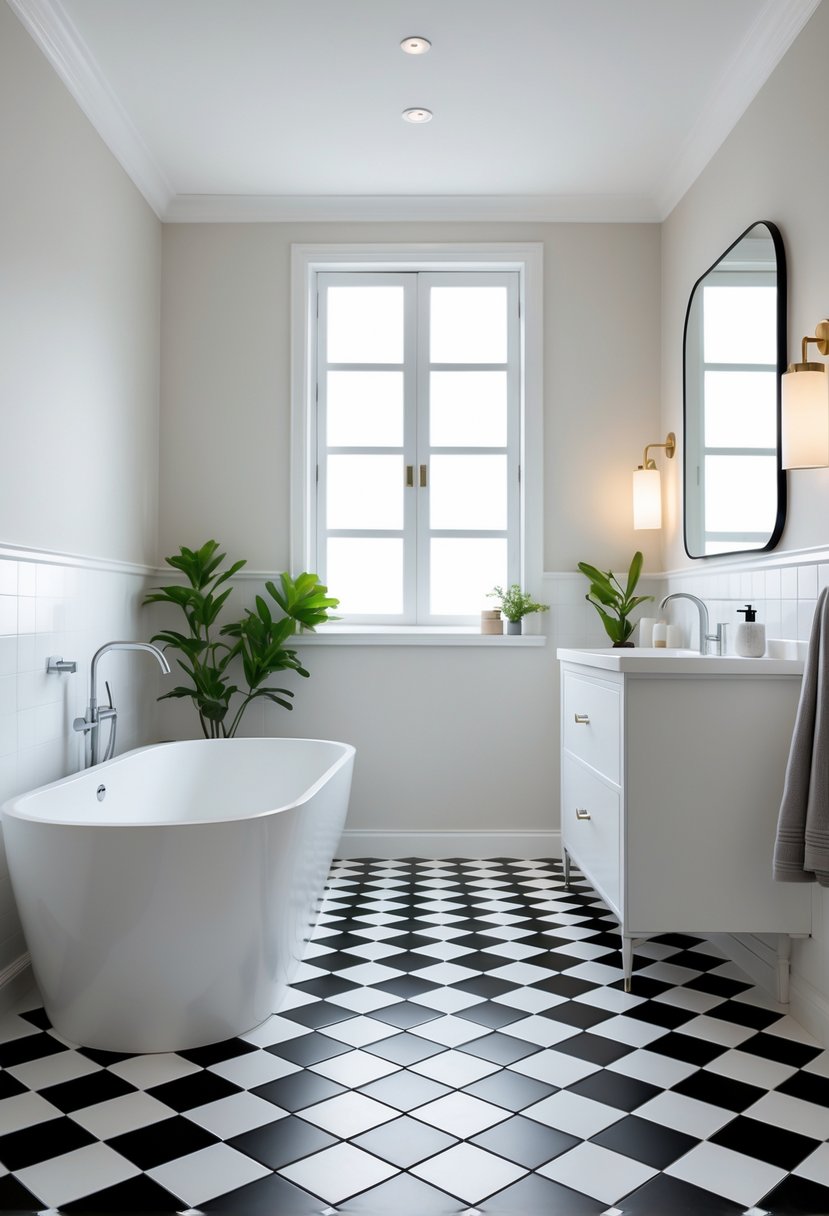 A bathroom with a black and white checkerboard tile floor, a white bathtub, a vanity with a mirror, and natural light coming through a window.
