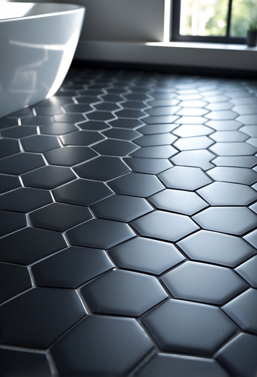 Close-up view of a bathroom floor with black hexagon tiles arranged in a neat geometric pattern.