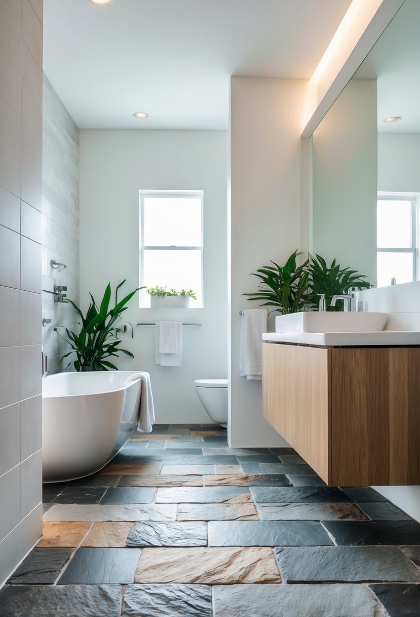 A bathroom with textured slate tile flooring, a white bathtub, wooden vanity, and green plants.