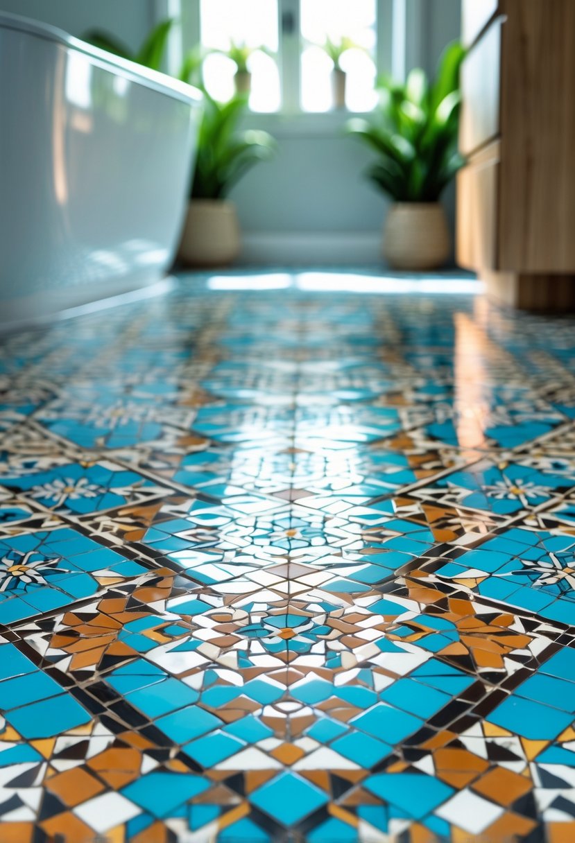 A bathroom floor covered with colorful patterned tiles and part of a bathtub and plants visible.