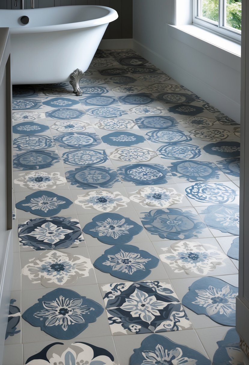 A bathroom floor covered with patterned cement tiles featuring geometric and floral designs in blue, gray, and white tones, with a white bathtub partially visible.