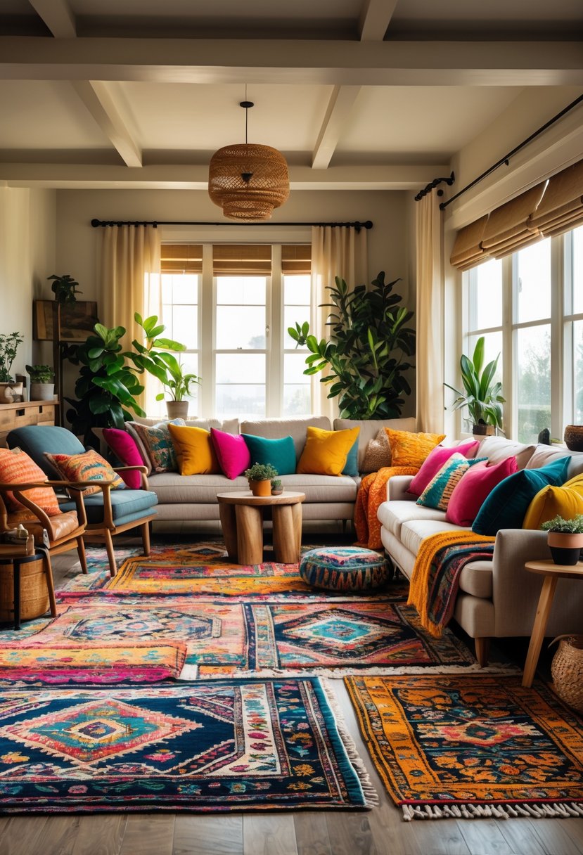 v2 14988v o4ag5 A cozy living room with colorful rugs, layered cushions, wooden furniture, and plants illuminated by natural light.
