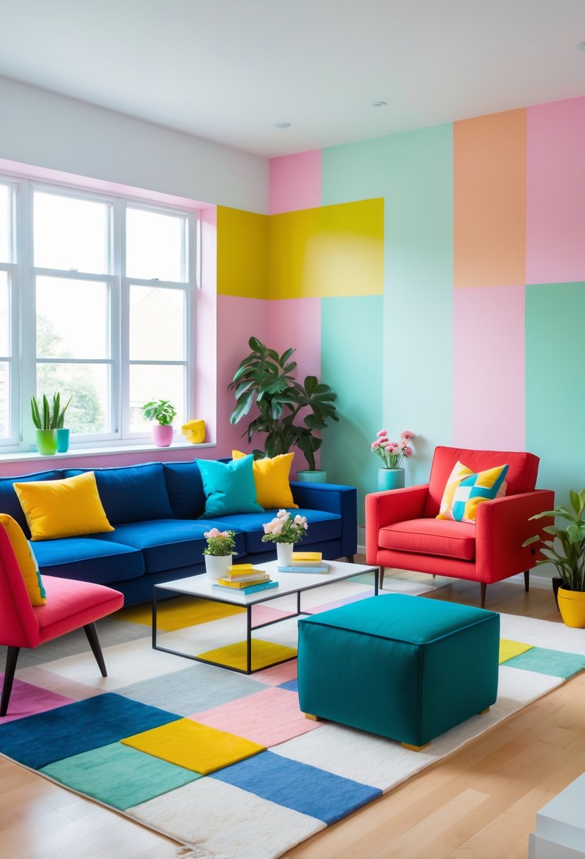 v2 14989b b5i5b A living room with colorful furniture and geometric painted walls, featuring a sectional sofa, armchair, ottoman, plants, and a coffee table.