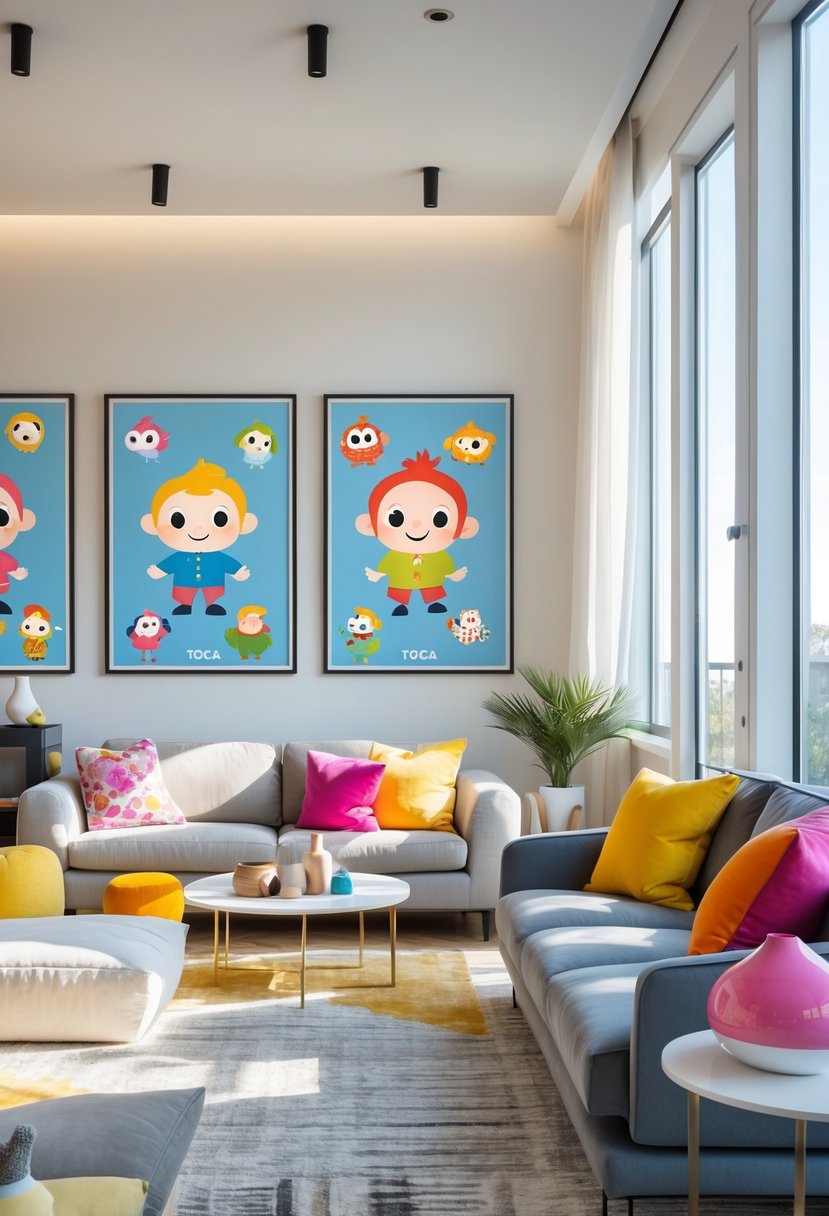 v2 1498a0 0fwq9 A modern living room with colorful character artwork on the walls, a sofa with cushions, a coffee table, and natural light coming through windows.
