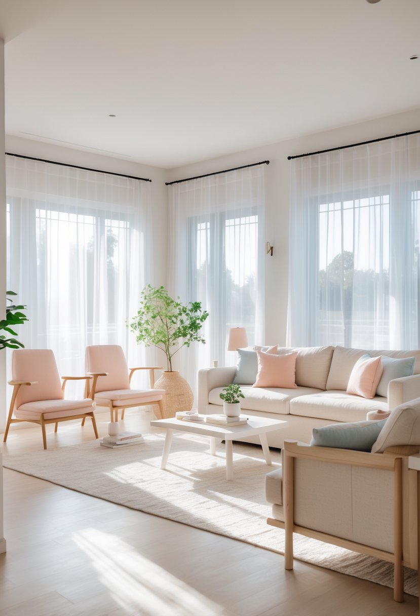 v2 1498b9 1ng55 A bright living room with sheer curtains letting in natural light, featuring a sofa, armchairs, a coffee table, and light wooden floors.