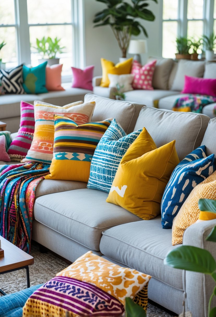 v2 1498bm 7fya6 A living room with a sofa covered in many colorful patterned throws and pillows, surrounded by modern furniture and plants.