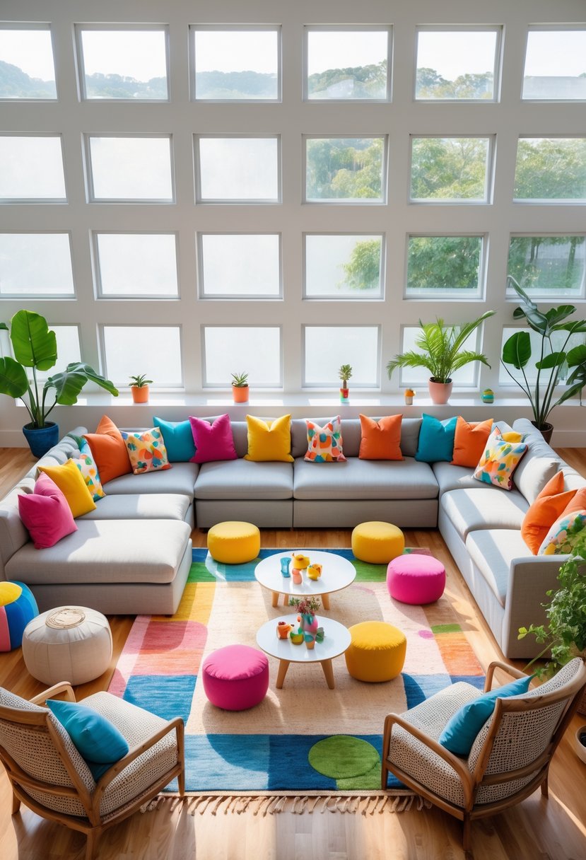 v2 1498cb j7q2d A spacious living room with multiple sofas, armchairs, and poufs arranged to seat a large family, decorated with colorful cushions and plants.