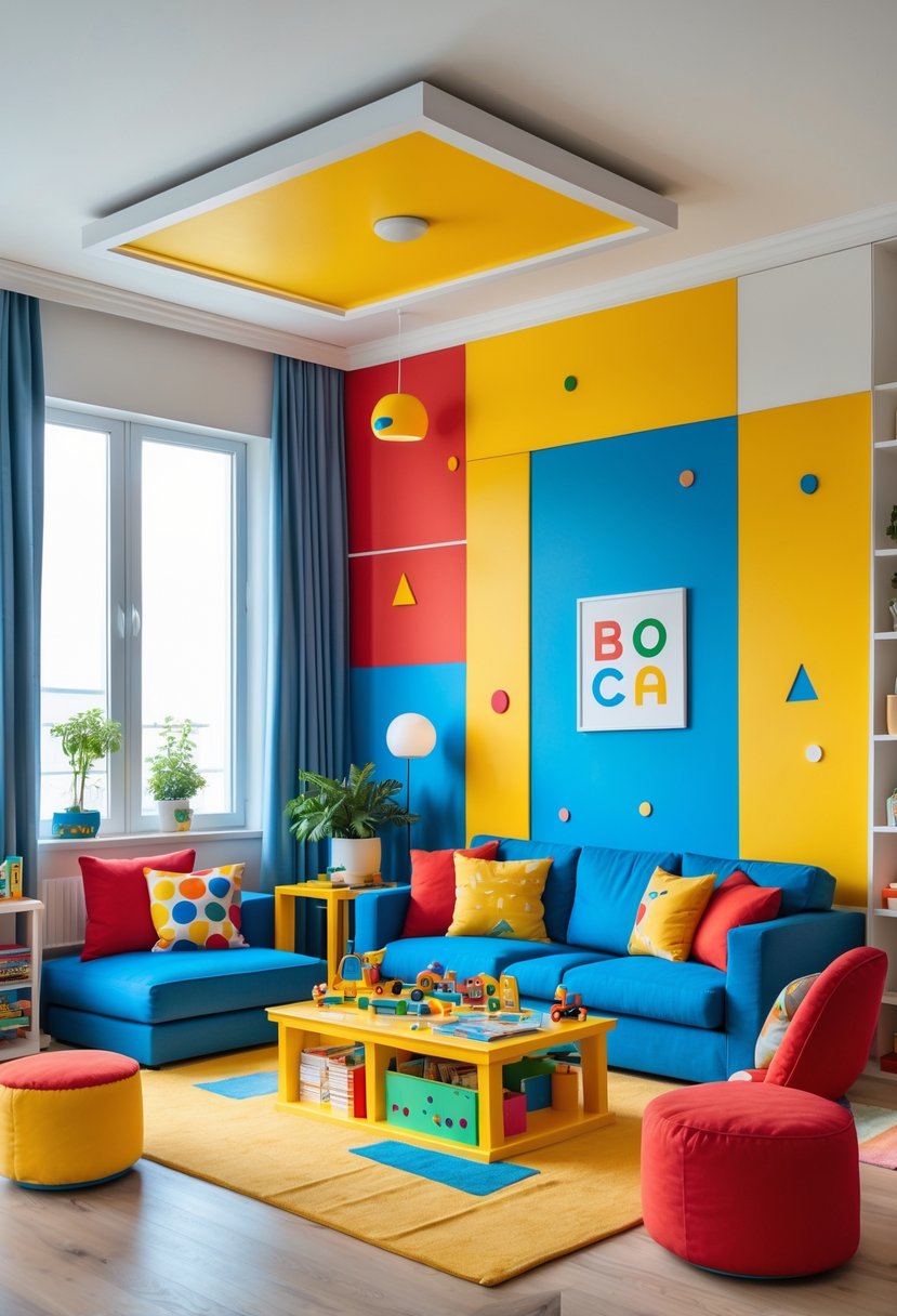 v2 1498cn plos4 A bright living room with colorful furniture, toys, and large windows letting in natural light.