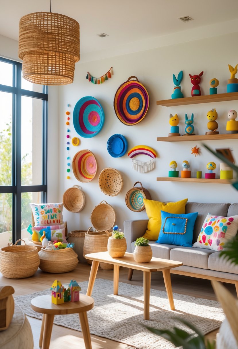 v2 1498e2 bwwad A bright living room with handmade crafts, colorful cushions, and decorative shelves filled with small art pieces.