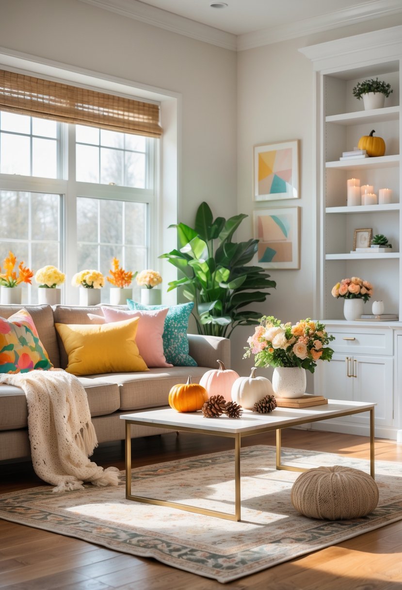 v2 1498ef o886a A modern living room with a sofa, coffee table decorated with seasonal items, plants, and natural sunlight coming through large windows.