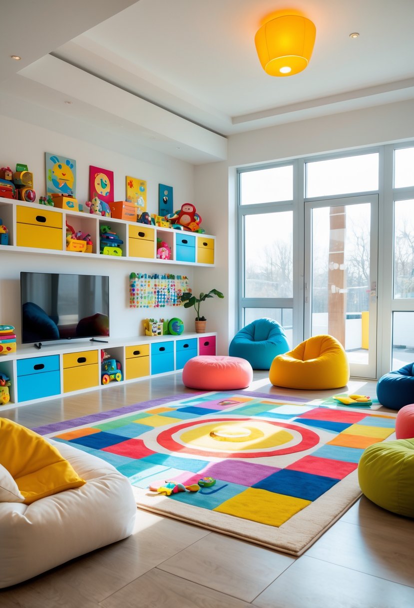 v2 1498es 7vwhr A bright living room with colorful child-friendly storage shelves, toys, and comfortable seating arranged neatly for children.