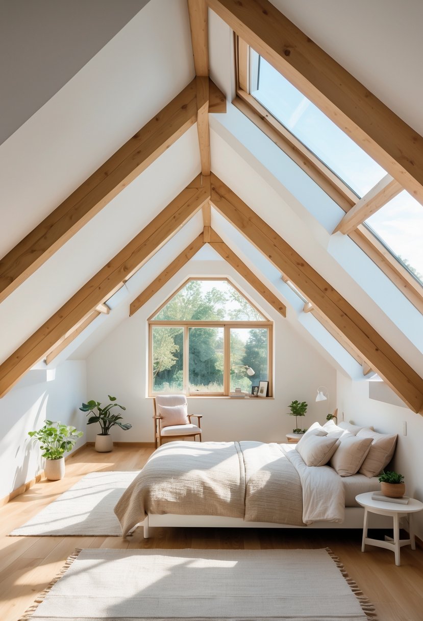 Sunlit attic bedroom with large skylights, a cozy bed, wooden beams, and natural decor.