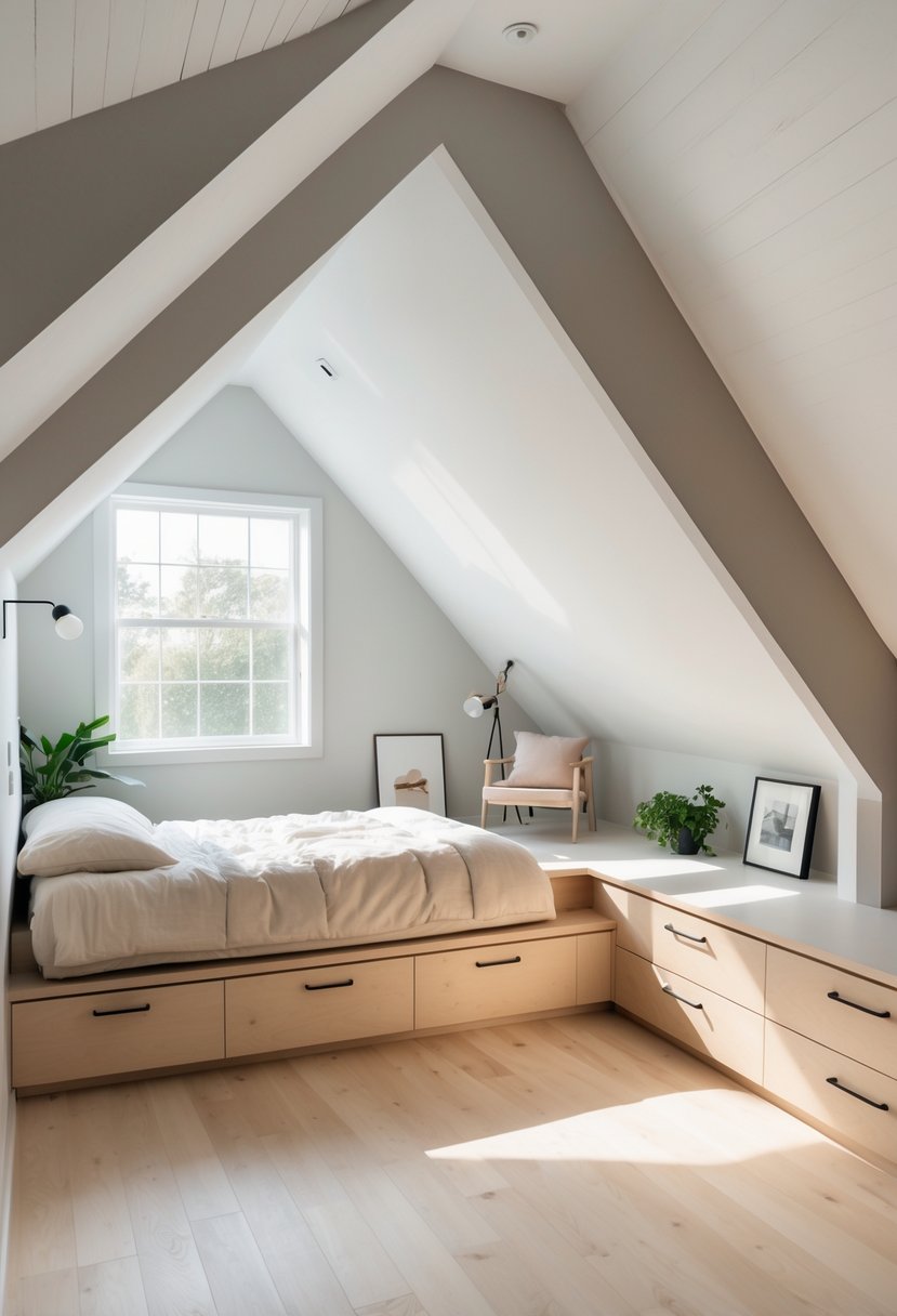 Attic bedroom with built-in storage cabinets under slanted ceiling eaves, a bed near a window, and a small reading nook.