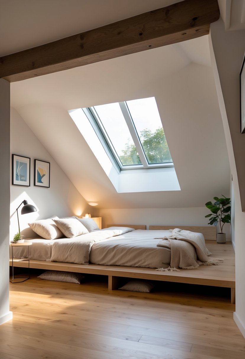 Attic bedroom with sloped ceilings and a low platform bed under the ceiling, natural light coming through a skylight, wooden floor, and simple decor.