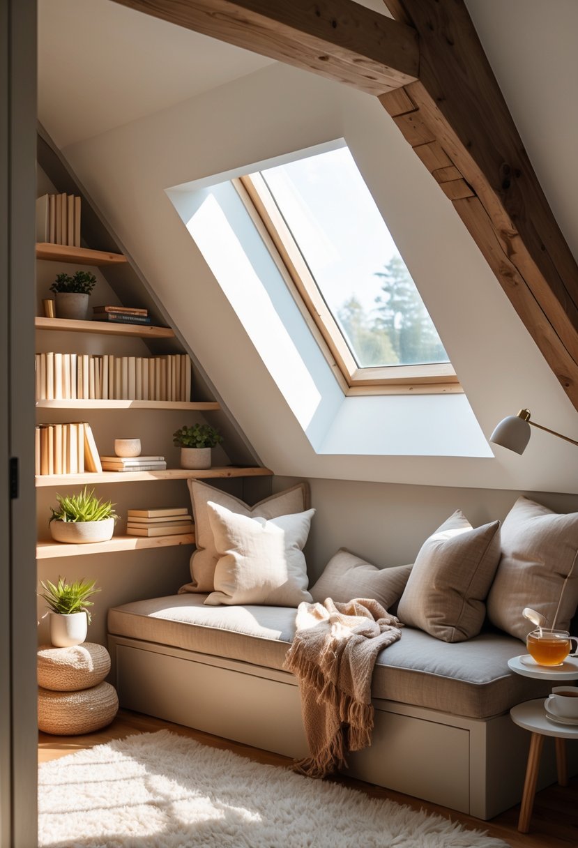 Cozy reading nook in the corner of an attic bedroom with a cushioned bench, pillows, bookshelves, and natural light from a skylight.