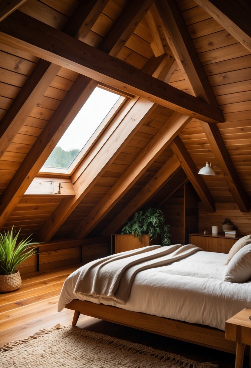 A cozy attic bedroom with exposed wooden beams, a bed, nightstand, and natural light coming through a skylight.
