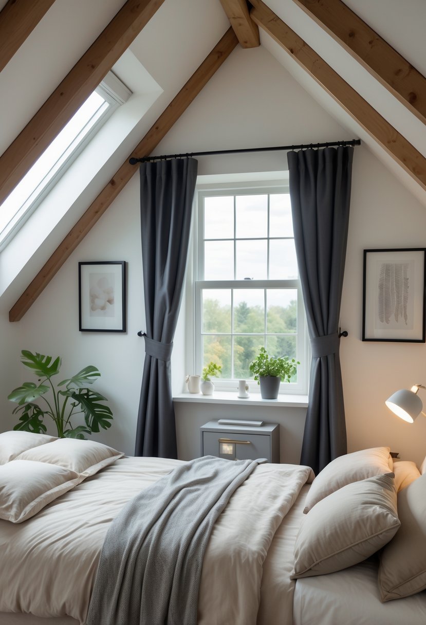 Cozy attic bedroom with angled ceiling, bed, and dark blackout curtains covering a skylight window.