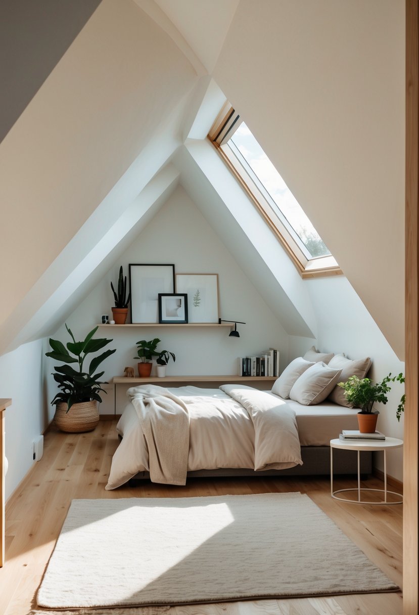A bright attic bedroom with angled walls, a bed, bedside table, and a reading nook with a chair and bookshelf.