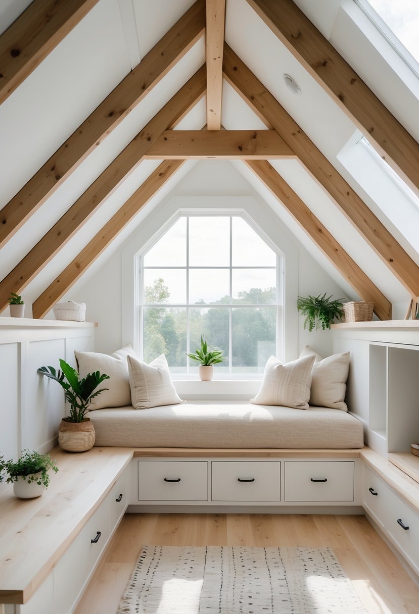 Attic bedroom with built-in window seat featuring storage drawers, a bed, and natural light coming through a skylight.