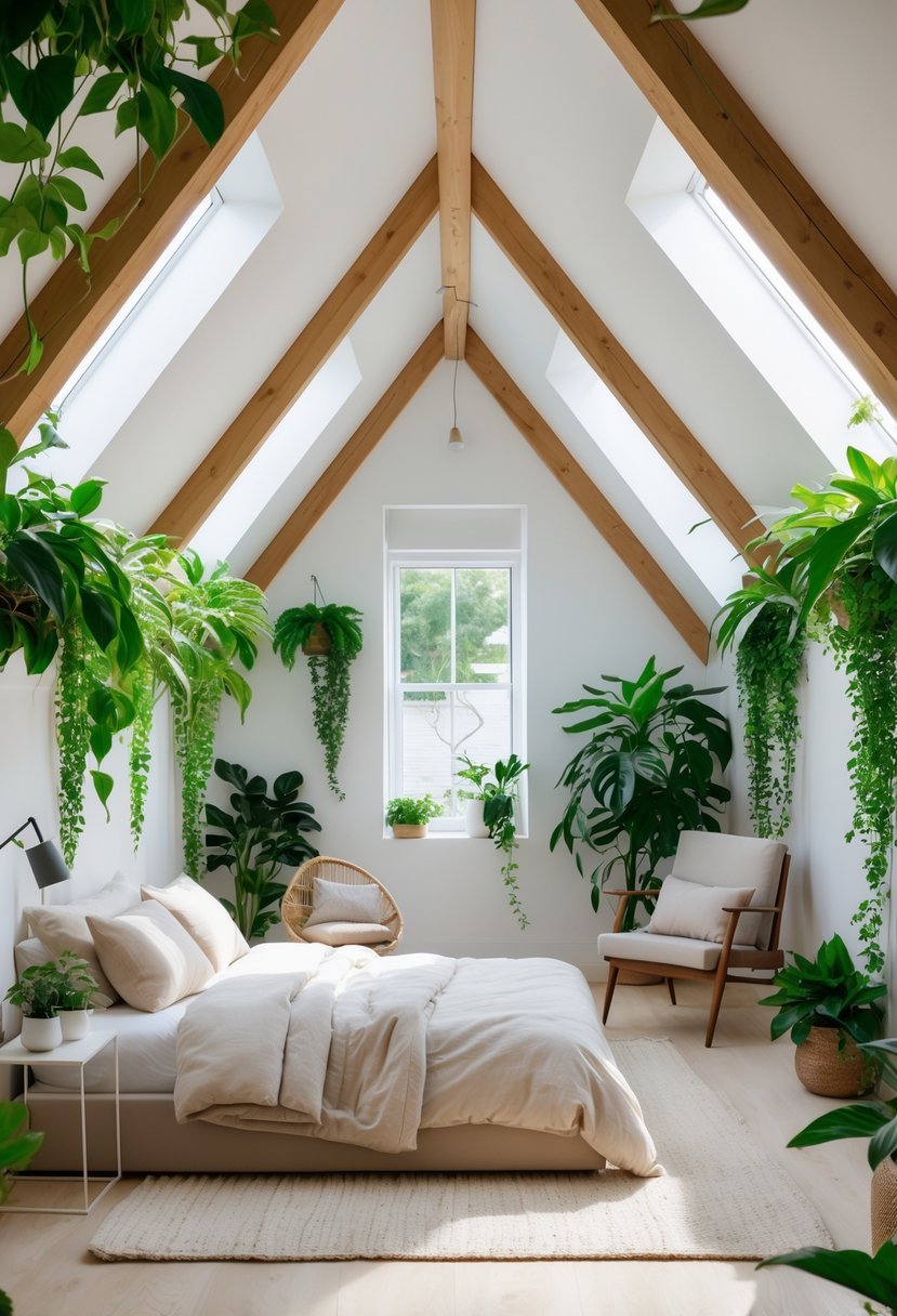 An attic bedroom with large skylights, a cozy bed, and various green plants adding freshness to the space.