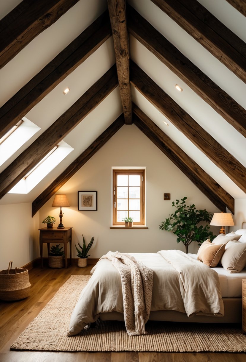 A cozy attic bedroom with exposed wooden beams, a bed with neutral linens, a wooden nightstand, and natural light coming through skylight windows.