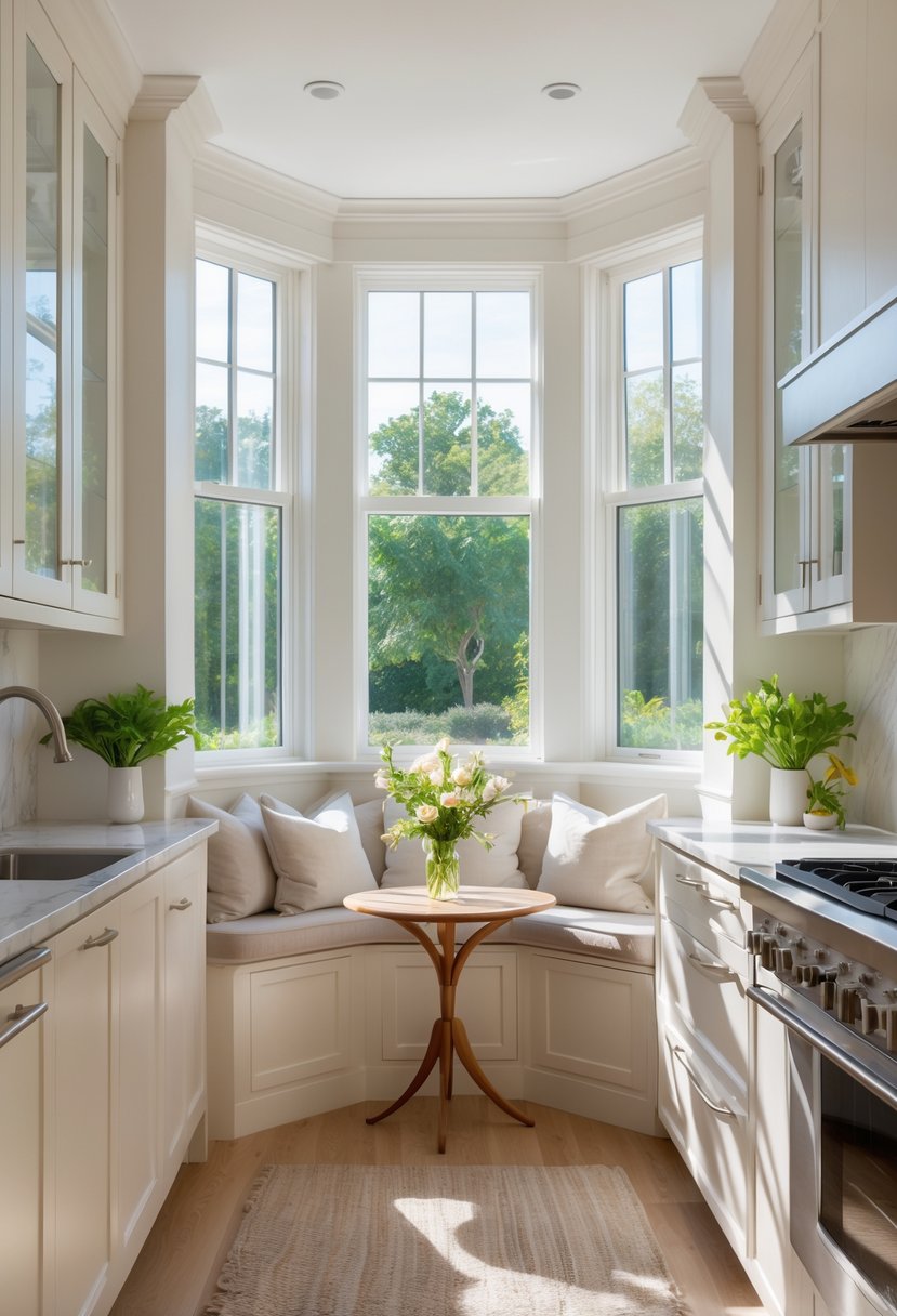 A kitchen with a bay window nook filled with natural light, featuring a cozy seating area, plants, and modern kitchen elements.