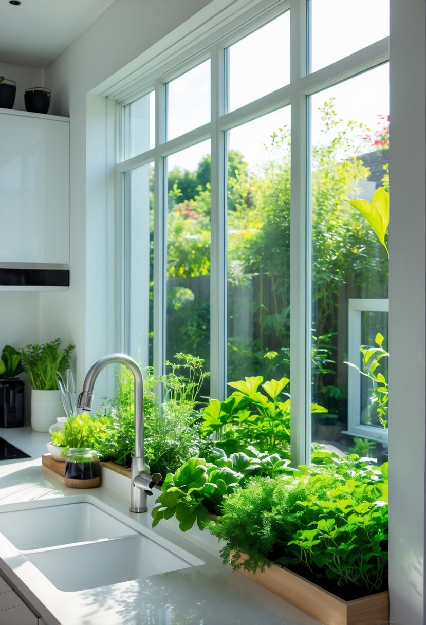 A modern kitchen with a large garden window filled with green plants and herbs, letting in natural sunlight.