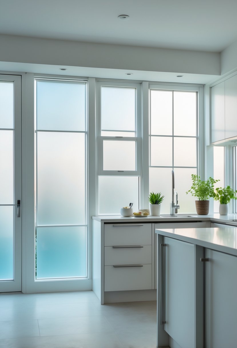Modern kitchen with multiple frosted glass windows letting in soft natural light while maintaining privacy.