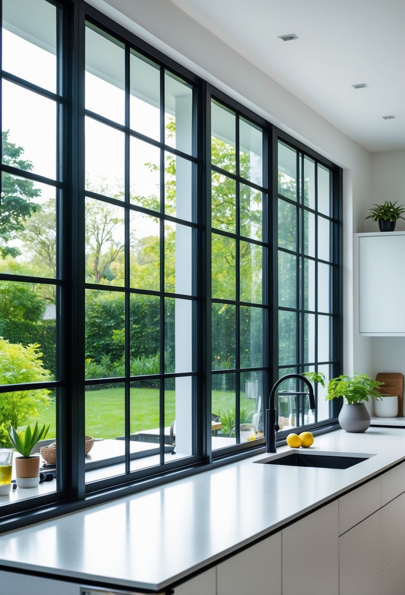 Bright kitchen interior with large black metal frame windows letting in natural light and a view of a green garden outside.