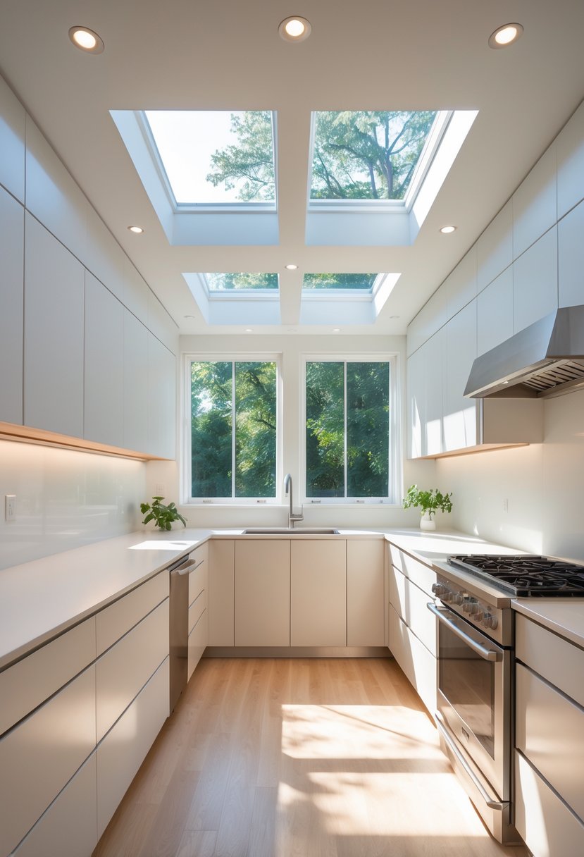 A modern kitchen with transom windows above the cabinets letting in natural light.