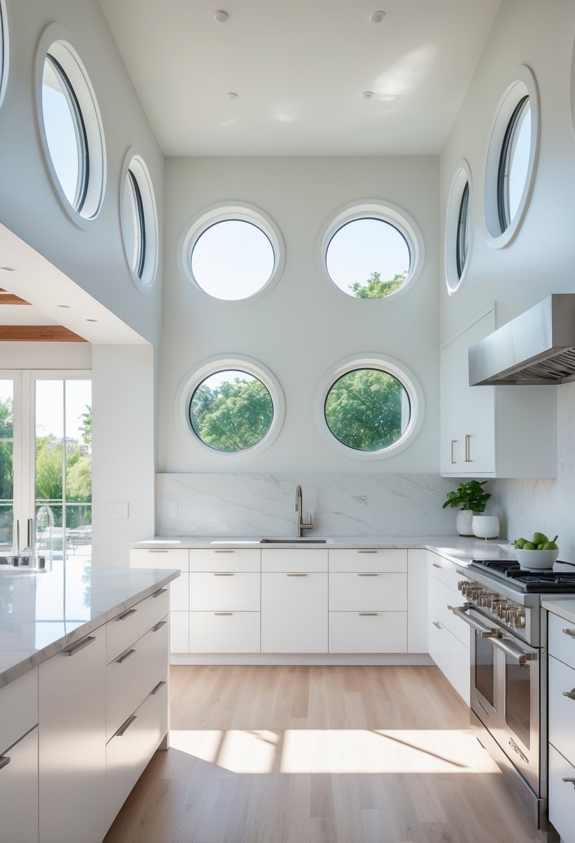 A modern kitchen with multiple round porthole windows letting in natural light, white cabinets, a marble island countertop, and stainless steel appliances.