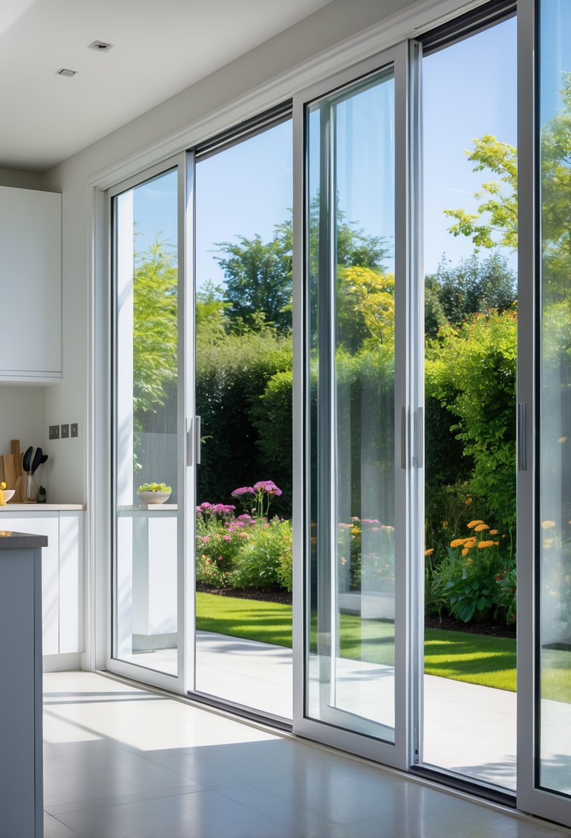 A modern kitchen with large sliding windows opening to a garden, letting in natural light.