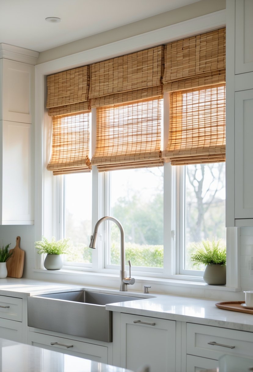 A kitchen with a large window covered by bamboo shades letting in natural light.