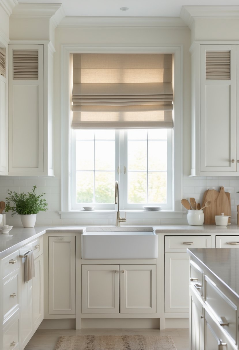 A bright kitchen with a large window covered by neatly folded fabric shades and white cabinets.