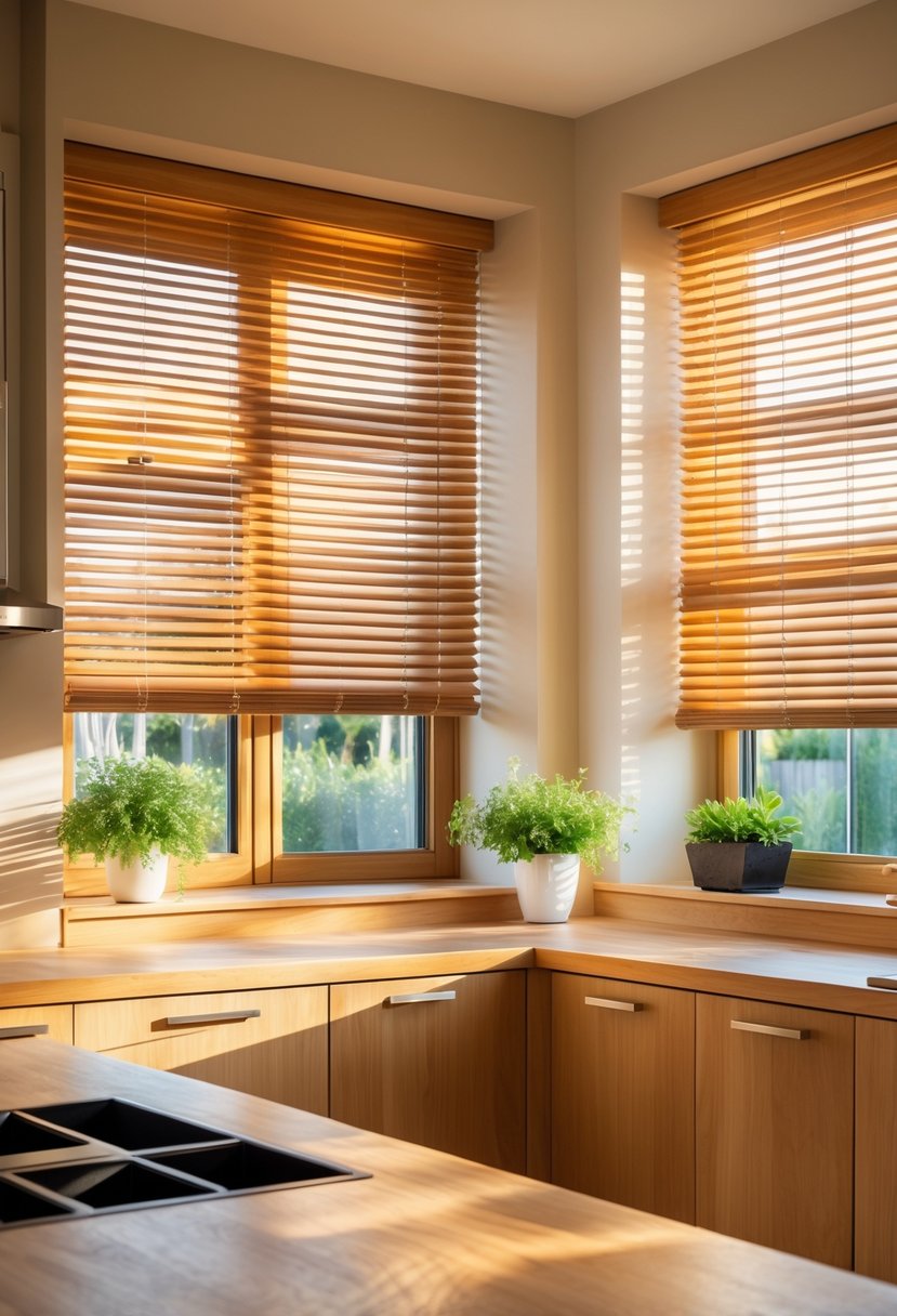 A kitchen window with wooden blinds partially open, letting natural light into a kitchen with wooden countertops and plants on the windowsill.