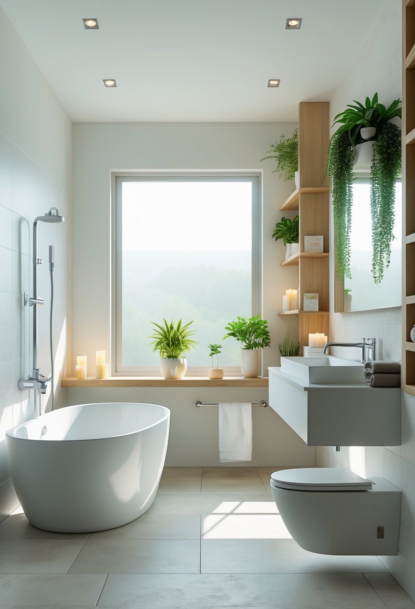 A clean and bright bathroom with a freestanding bathtub, floating vanity, large mirror, plants, and natural light coming through a window.