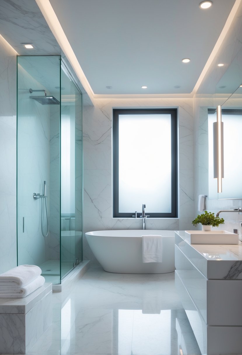 A modern bathroom with a freestanding bathtub, glass shower, marble surfaces, and a small green plant on the vanity.