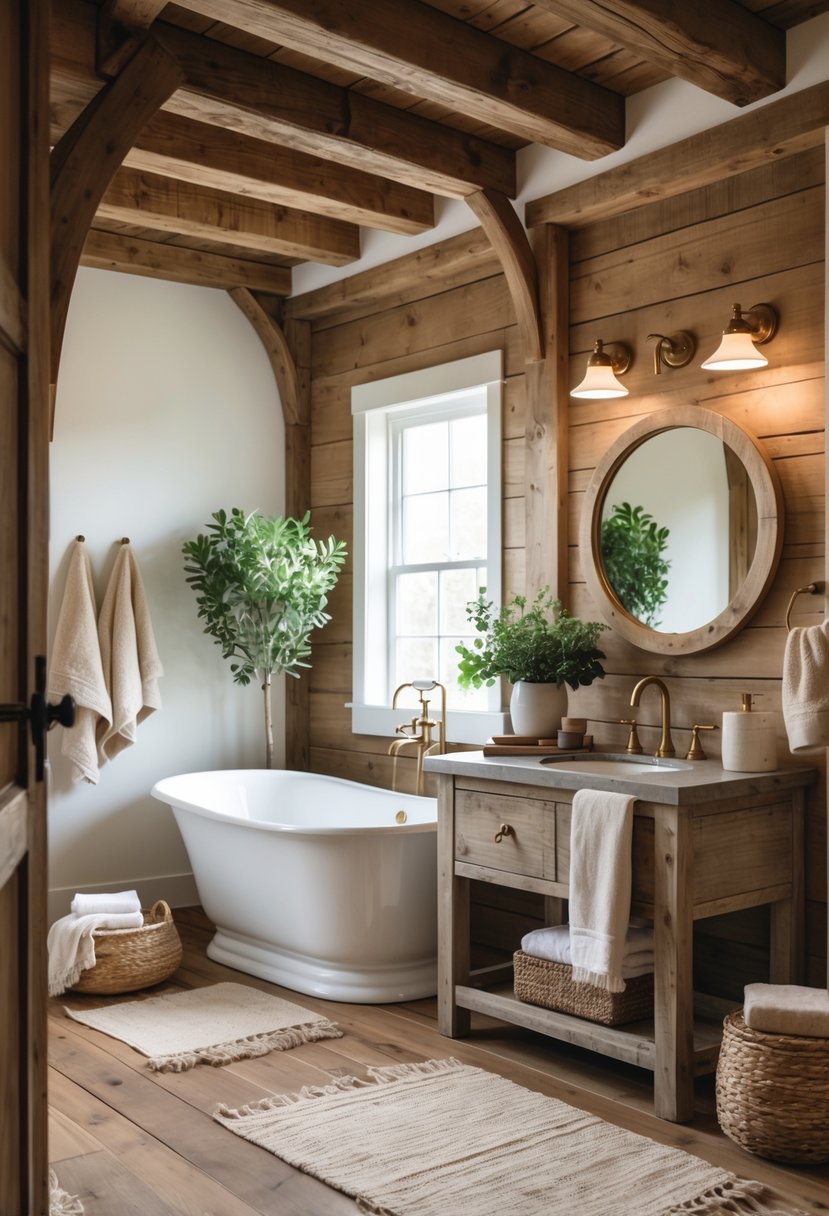 A bathroom with a freestanding bathtub, wooden vanity, round mirror, plants, and warm natural lighting.