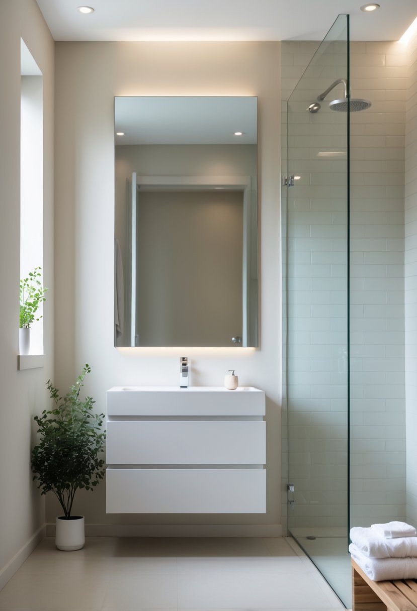 A clean and simple bathroom with a white vanity, large mirror, glass shower, neutral-colored walls and floor, and a small potted plant.