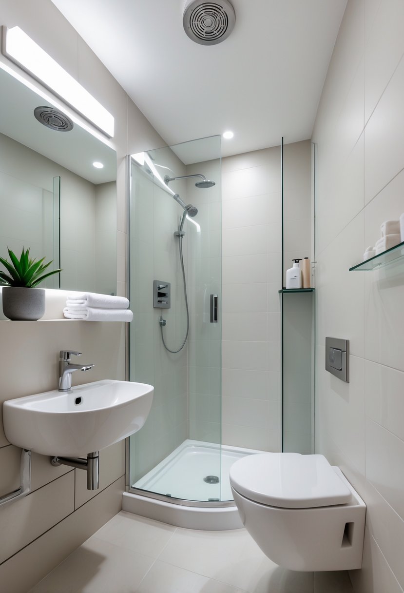 Compact bathroom with a small sink, toilet, corner shower, and light-colored tiles designed to maximize space.