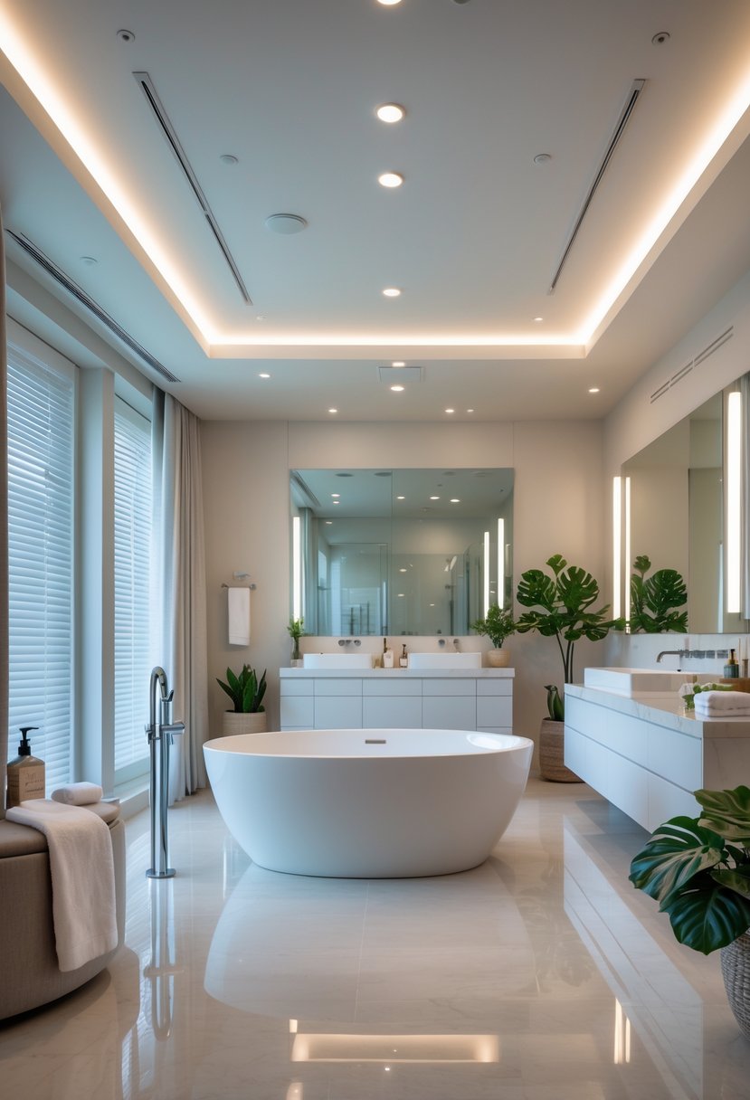 A spacious bathroom with a freestanding soaking tub near a large window, surrounded by modern fixtures and decorative plants.