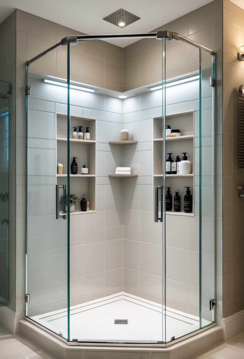 A modern bathroom with a custom shower enclosed by clear glass panels and built-in shelves holding bath products.