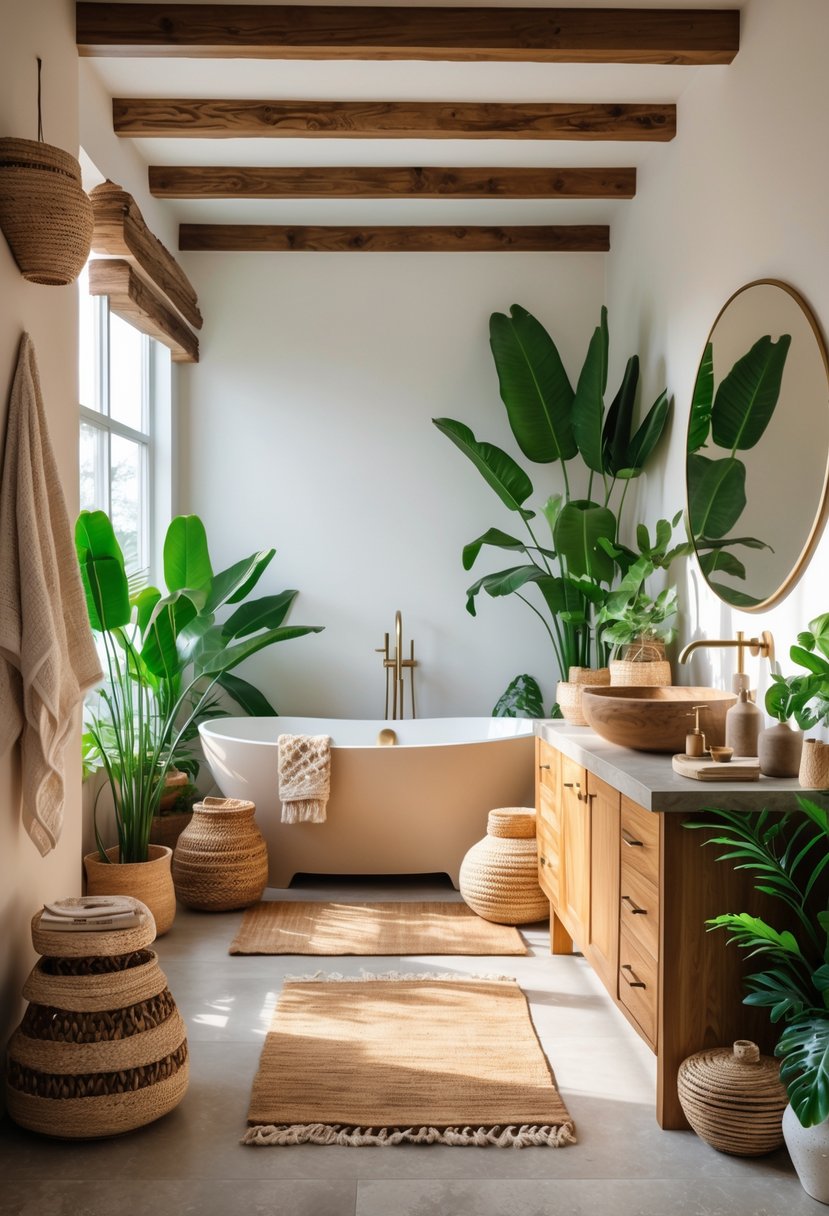 A bathroom with a freestanding bathtub, wooden vanity, green plants, and natural decor.