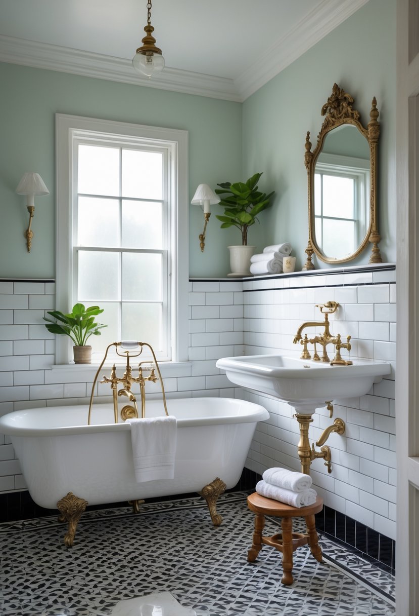 A bathroom with a white clawfoot tub, patterned floor tiles, a pedestal sink, and a large mirror, brightly lit by natural light.