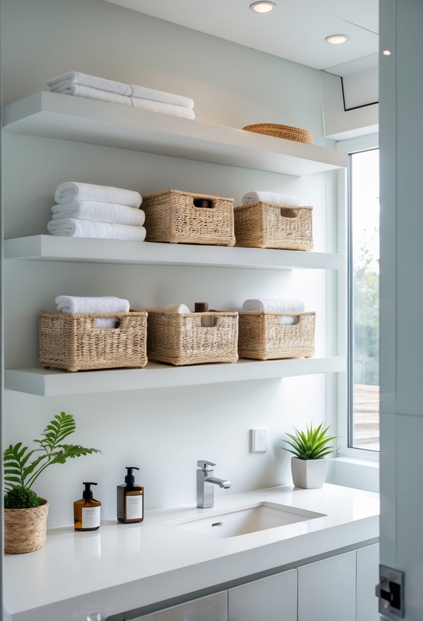 A bathroom with floating shelves and baskets holding toiletries and towels above a vanity.
