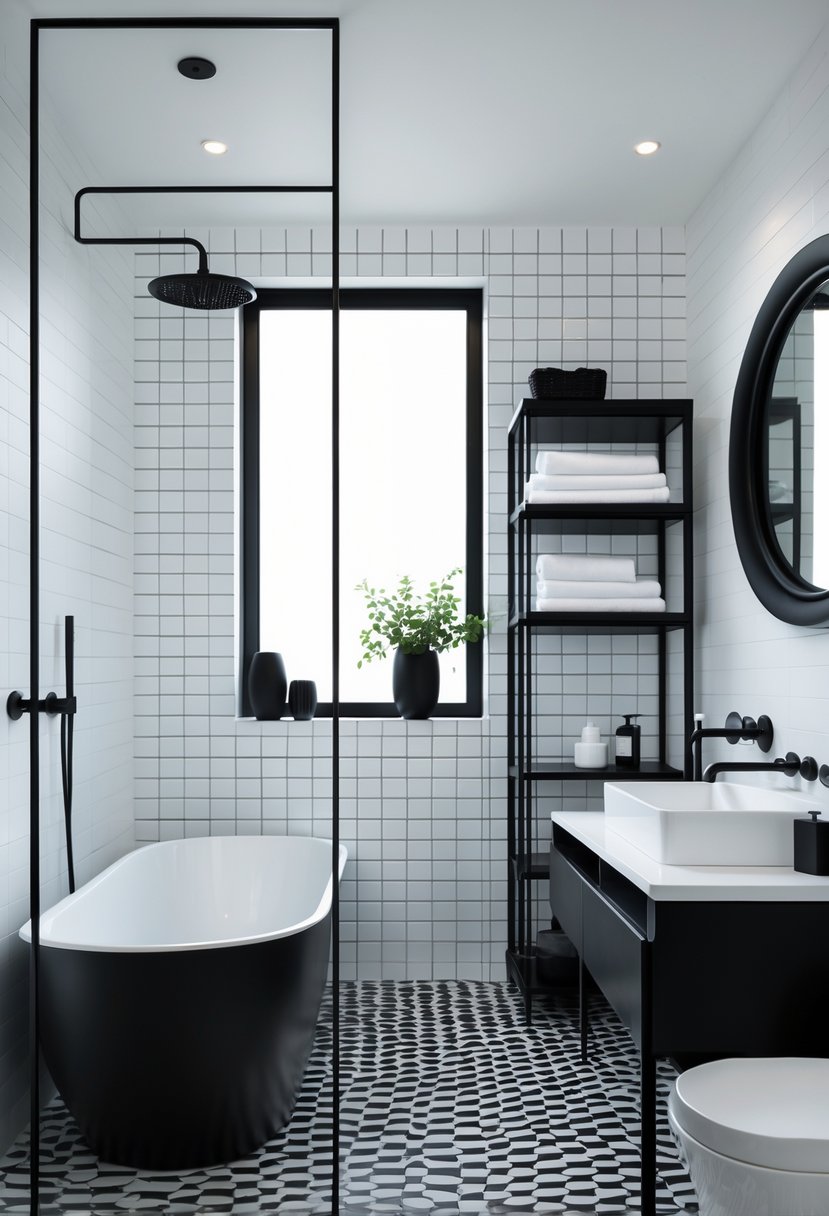 A modern bathroom with black and white fixtures, including a black faucet, white sink, black-framed mirror, and monochrome decor items.