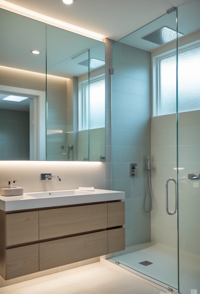 A modern bathroom with a floating vanity illuminated by under-cabinet LED lighting, a large mirror, and a glass walk-in shower.