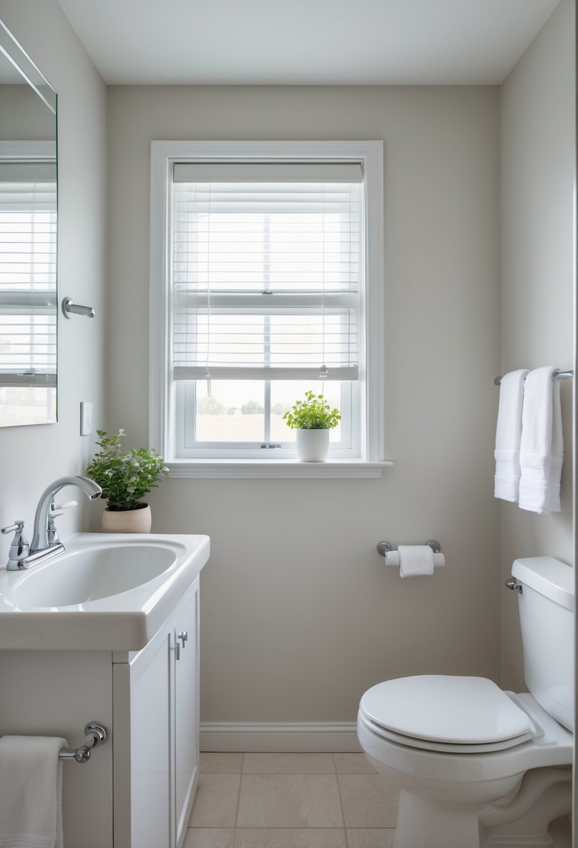 A clean suburban bathroom with a white sink, mirror, toilet, light walls, tiled floor, and a small window with blinds.