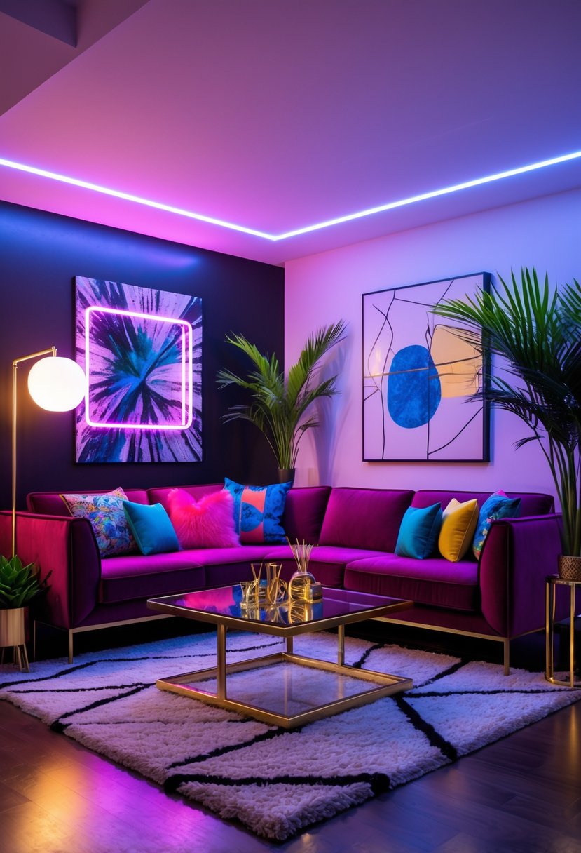 A modern living room with a velvet sofa, colorful pillows, a glass coffee table, abstract wall art, plants, and warm lighting.