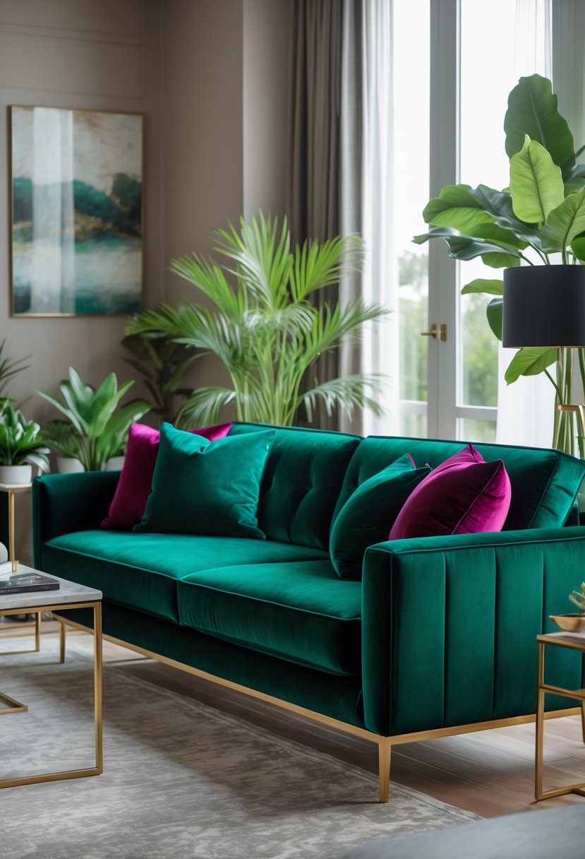A velvet couch in rich jewel tones in a living room with modern decor and natural lighting.